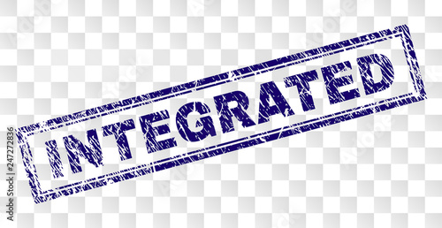 INTEGRATED stamp seal imprint with rubber print style and double framed rectangle shape. Stamp is placed on a transparent background. Blue vector rubber print of INTEGRATED text with unclean texture.