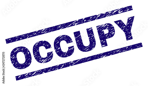 OCCUPY seal print with scratced style. Blue vector rubber print of OCCUPY text with retro texture. Text caption is placed between parallel lines.
