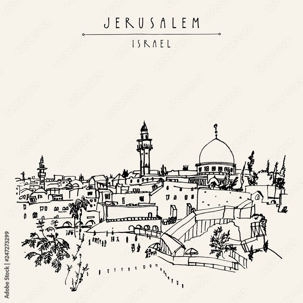 Obraz Jeruzalem, Izrael. Panorama miasta. Ściana płaczu. Ręcznie rysowane pocztówka turystyczna