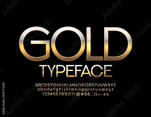 Vector chic Golden Font. Glossy Alphabet Letters, Numbers and Symbols. 