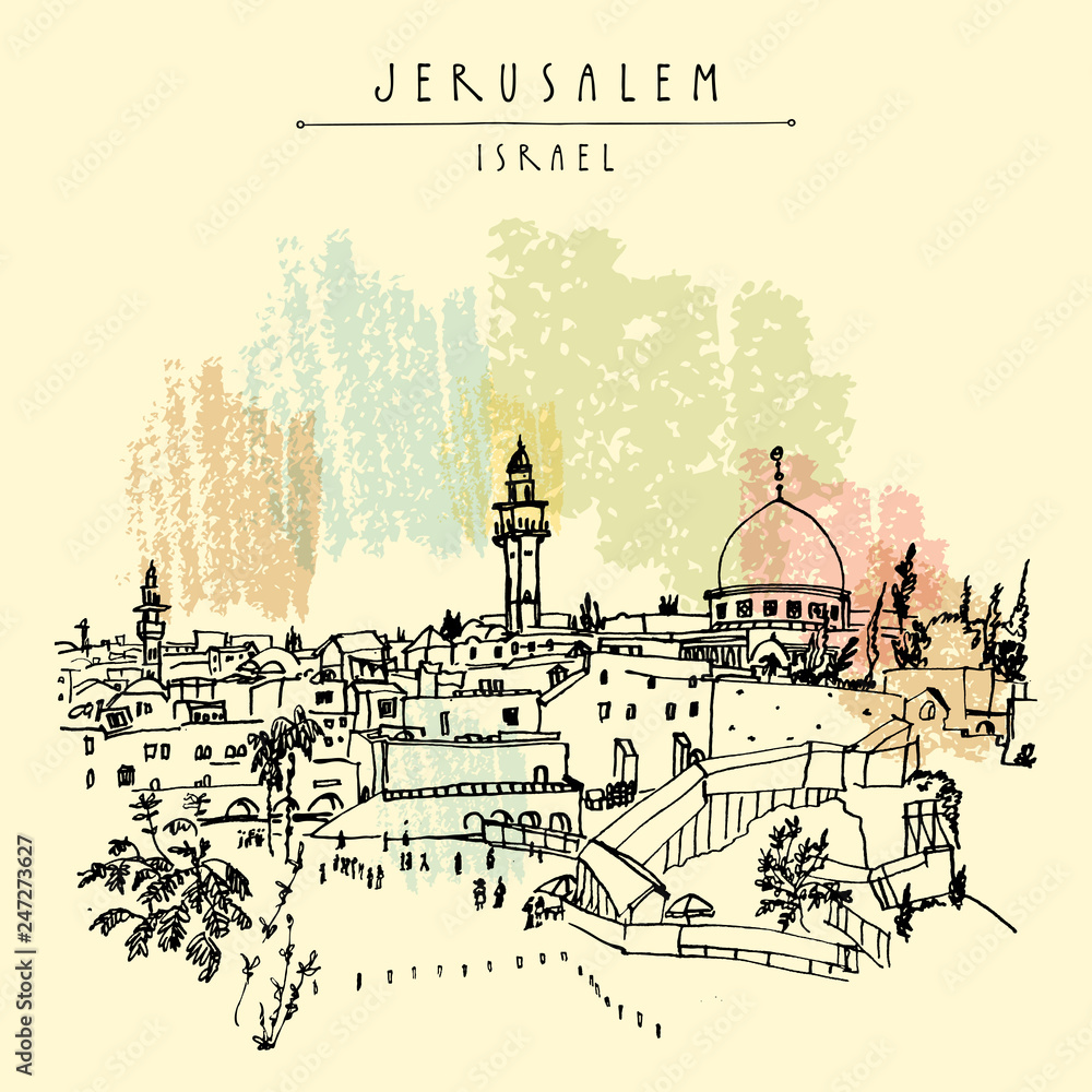 Jerusalem, Israel. City skyline. Wailing wall. Hand drawn touristic postcard