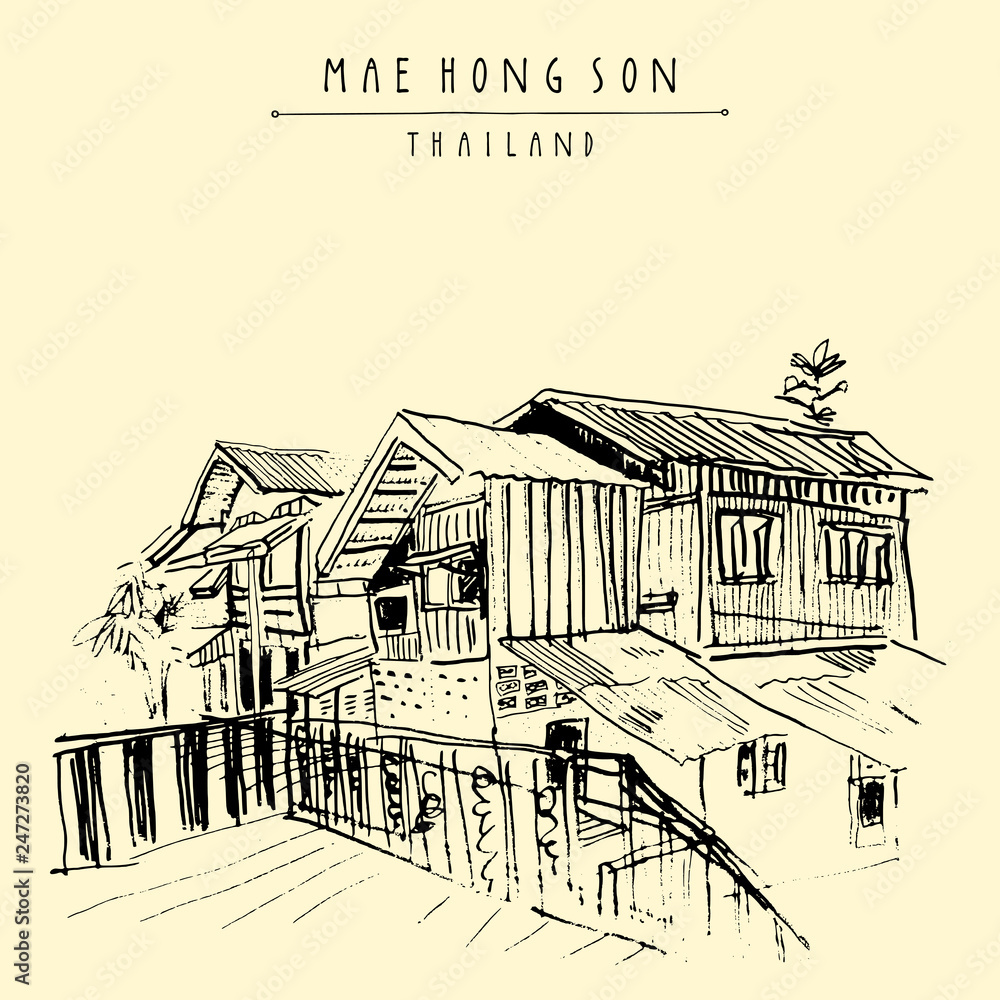 Mae Hong Son, Thailand. Hand drawn artistic vintage postcard