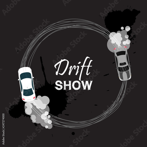 Car drift card vector illustration. Drift show banner, poster, brochure, flyer. Top view of a drifting vehicles. Competition between participants. Street racing, racing team, tuning.