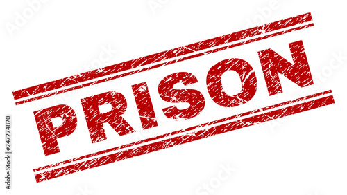PRISON seal imprint with distress texture. Red vector rubber print of PRISON text with retro texture. Text title is placed between double parallel lines.