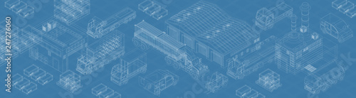 Blueprint of modern types of freight delivery and warehouses