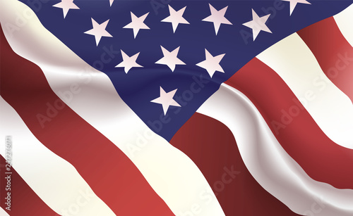 Background American Flag in folds. Star-Spangled banner. Pennant with Stars stripes concept up close, standard USA. United States America illustration. Realistic soft shadows, highlights. Vector.