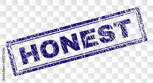 HONEST stamp seal print with grunge style and double framed rectangle shape. Stamp is placed on a transparent background. Blue vector rubber print of HONEST caption with unclean texture.