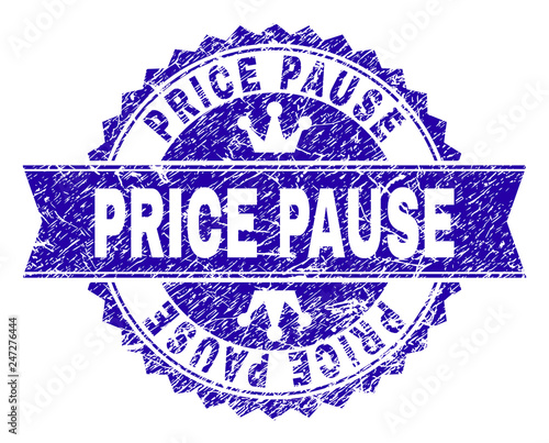 PRICE PAUSE rosette stamp seal overlay with distress texture. Designed with round rosette, ribbon and small crowns. Blue vector rubber watermark of PRICE PAUSE text with grunge texture.