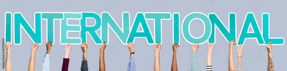 Blue letters forming the word international Blue letters forming the word international