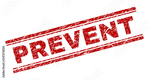 PREVENT seal imprint with corroded texture. Red vector rubber print of PREVENT text with corroded texture. Text label is placed between double parallel lines.