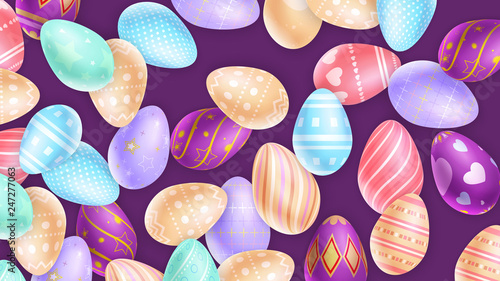Collection of magnificent ornamental Easter eggs depicted on purple background