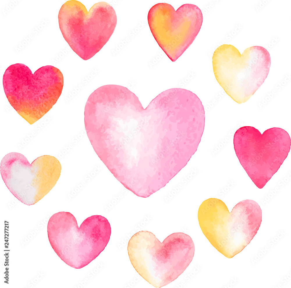 Watercolor hearts, vector romantic elements