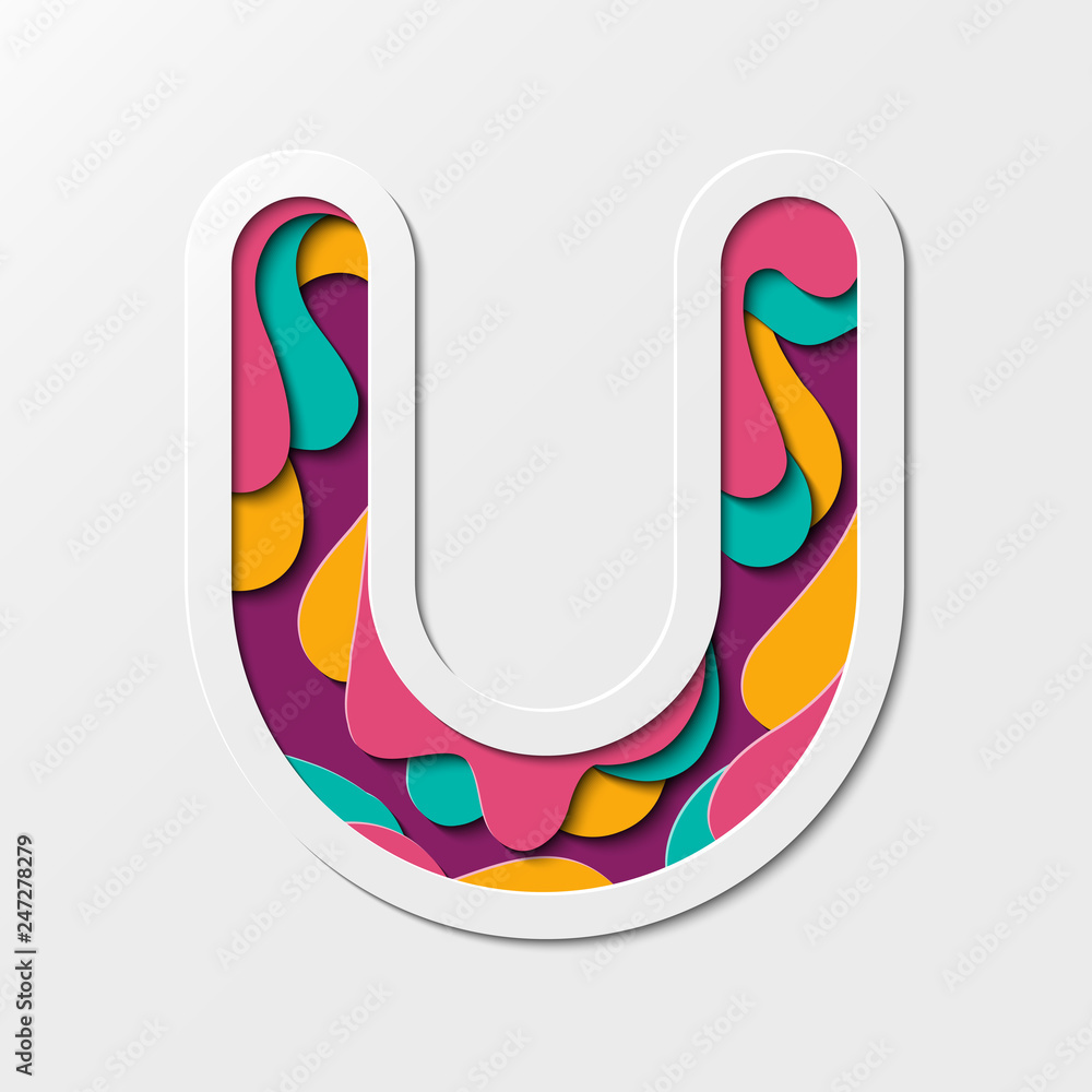 Paper cut letter U Symbol. Realistic 3D multi layers paper cut effect isolated on white background. Suitable for fun and happy things. Paper cut letter U Symbol. Realistic 3D multi layers paper cut effect isolated on white background. Suitable for fun and happy things.