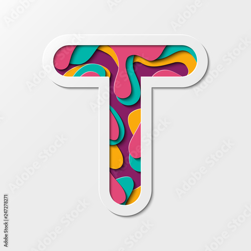 Fototapeta Naklejka Na Ścianę i Meble -  Paper cut letter T Symbol. Realistic 3D multi layers paper cut effect isolated on white background. Suitable for fun and happy things.