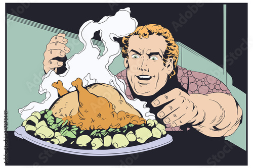 Fat man eating chicken. Stock illustration.
