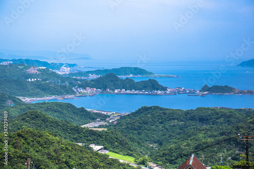 Panoramic aerial View of Jiufen with Keelung port and Sea from jiufen old street