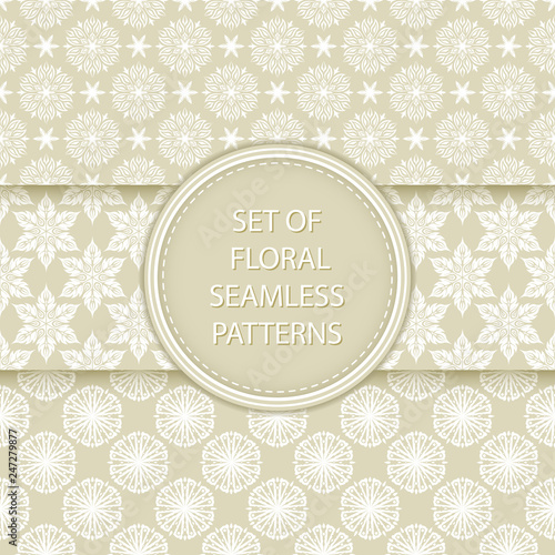 Olive green and white floral seamless patterns. Compilation of designs with flowers
