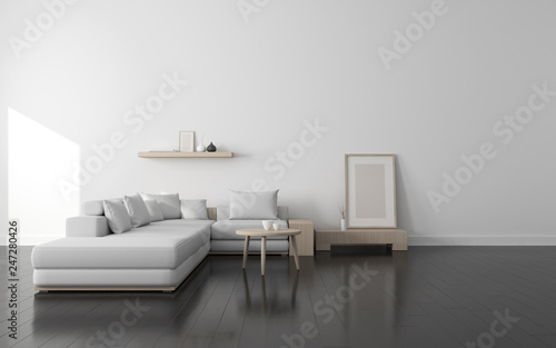 View of white living room in scandinavian style with wood furniture on dark laminate floor.Perspective of minimal design architecture. 3d rendering. 
