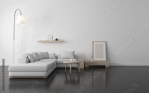 View of white living room in scandinavian style with wood furniture on dark laminate floor.Perspective of minimal design architecture. 3d rendering.  © nuchao