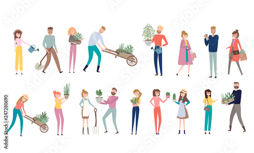 Farmers people in different positions of the body, working, talking to each other, cartoon flat design. Editable vector illustration