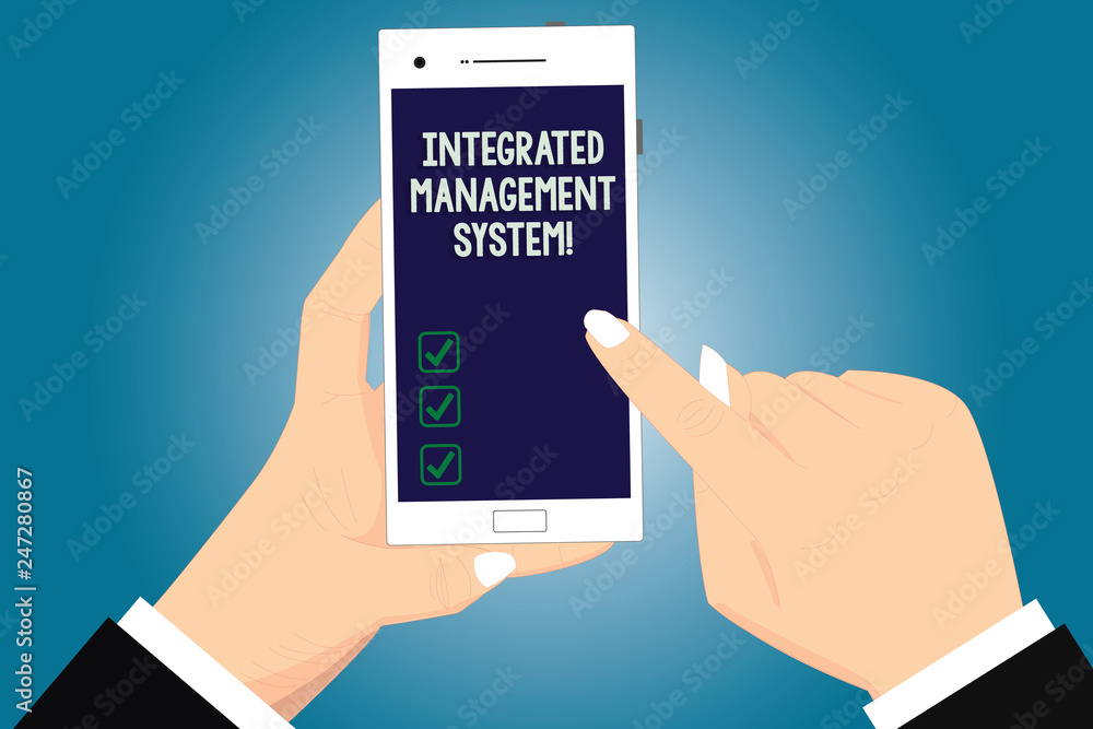 Text sign showing Integrated Management System. Conceptual photo combines all components of a business into one Hu analysis Hands Holding Pointing Touching Smartphone Blank Color Screen Text sign showing Integrated Management System. Conceptual photo combines all components of a business into one Hu analysis Hands Holding Pointing Touching Smartphone Blank Color Screen