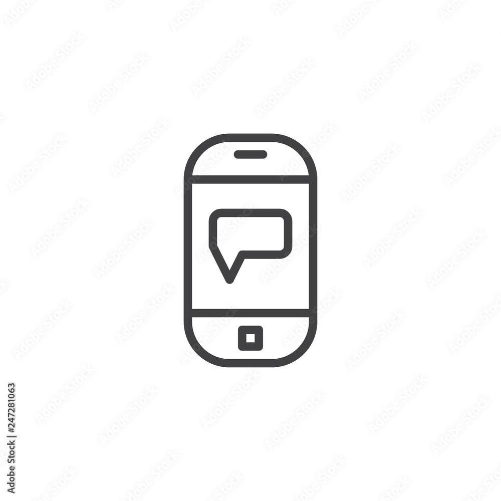 Mobile chat message line icon. linear style sign for mobile concept and web design. Smartphone screen with speech bubble comment outline vector icon. Symbol, logo illustration. Pixel perfect vector Mobile chat message line icon. linear style sign for mobile concept and web design. Smartphone screen with speech bubble comment outline vector icon. Symbol, logo illustration. Pixel perfect vector