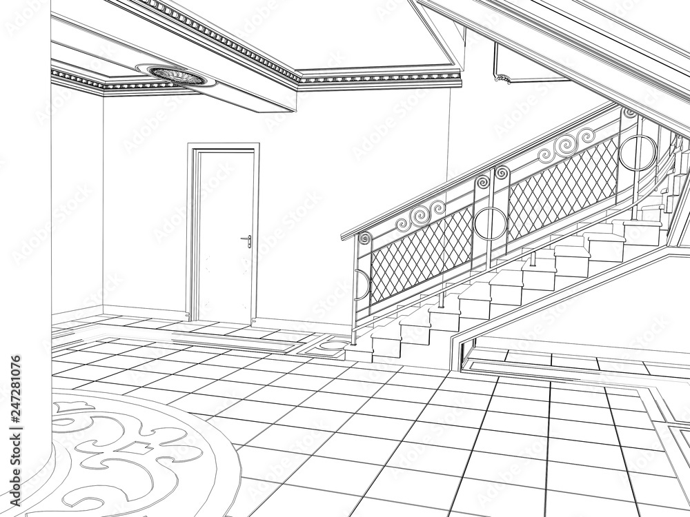 Obraz premium interior contour visualization, 3D illustration, sketch, outline