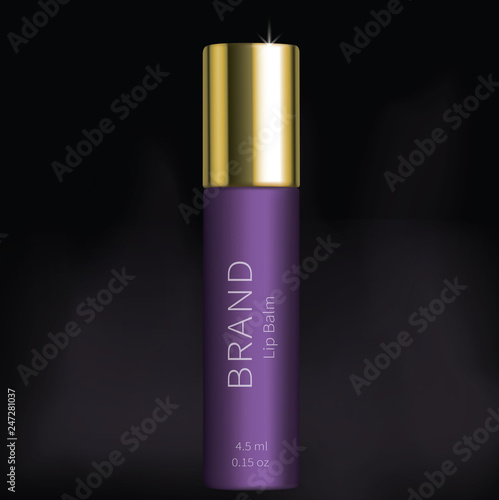 Cosmetic product for lip skin care realistic vector. Purple plastic tube or stick with golden cap and hygienic lipstick or balm inside, isolated on black background. Brand design for premium cosmetics