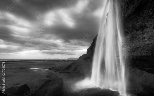 lond expousere of a waterfall in black and white photo