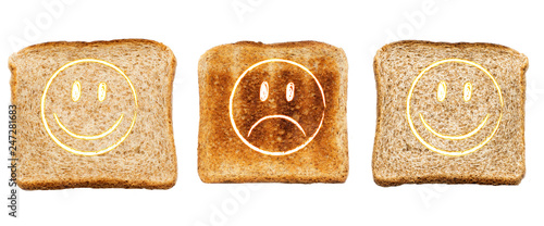 Set of three slices of fresh bread for toast isolated over white background. Funny faces emotion. Close up. Top view