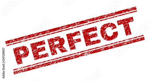 PERFECT seal watermark with corroded texture. Red vector rubber print of PERFECT label with unclean texture. Text label is placed between double parallel lines.