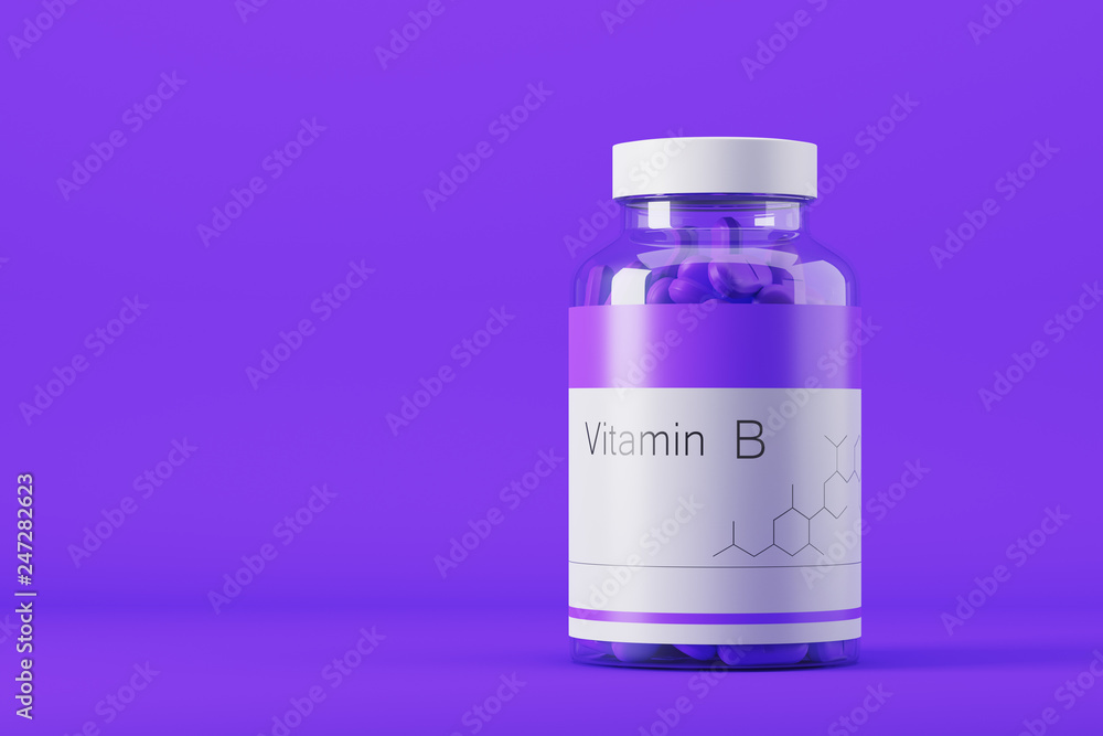 Vitamin B in a glass jar with a white lid on a purple background. Mock Up. 3d rendering Vitamin B in a glass jar with a white lid on a purple background. Mock Up. 3d rendering