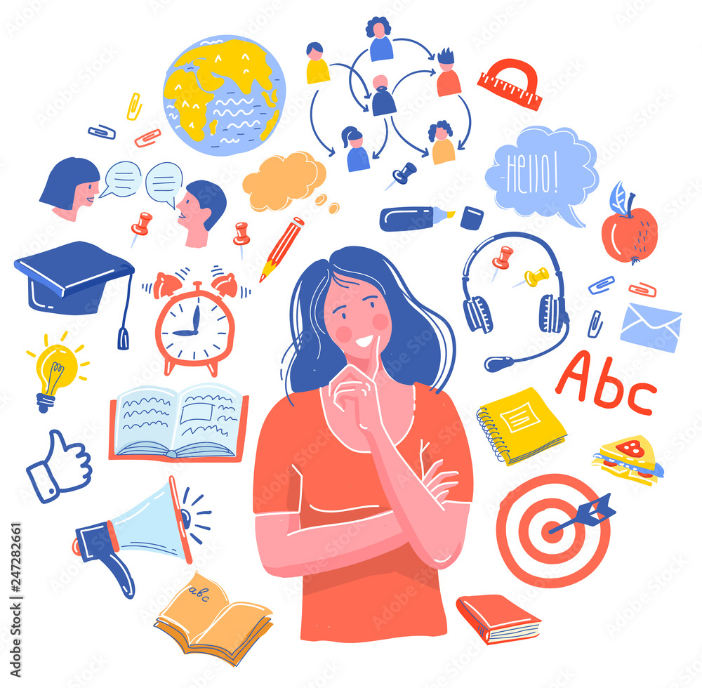 Woman have a question. the girl thought of training School Doodle vector set. learning of foreign languages. Hand drawn icons Woman have a question. the girl thought of training School Doodle vector set. learning of foreign languages. Hand drawn icons