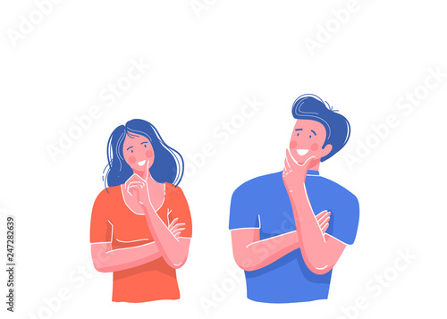Man and woman have a question. The young girl and the young guy stand nearby having thought. A pose of the thinking person