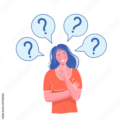 Woman have a question. the girl thought. A pose of the thinking person.