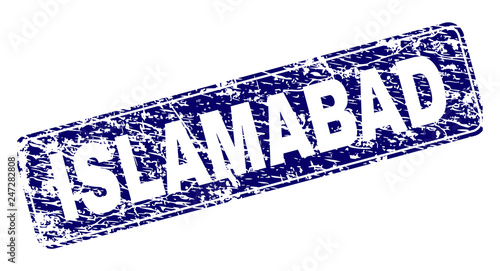 ISLAMABAD stamp seal print with distress texture. Seal shape is a rounded rectangle with frame. Blue vector rubber print of ISLAMABAD label with unclean texture.