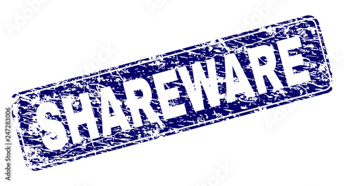 SHAREWARE stamp seal print with grunge style. Seal shape is a rounded rectangle with frame. Blue vector rubber print of SHAREWARE caption with dust style.
