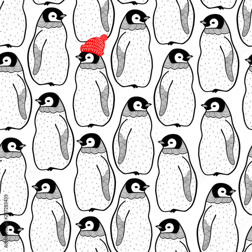 Seamless pattern with many penguins and one in red hat. Endless background for printing on fabric or wallpaper.