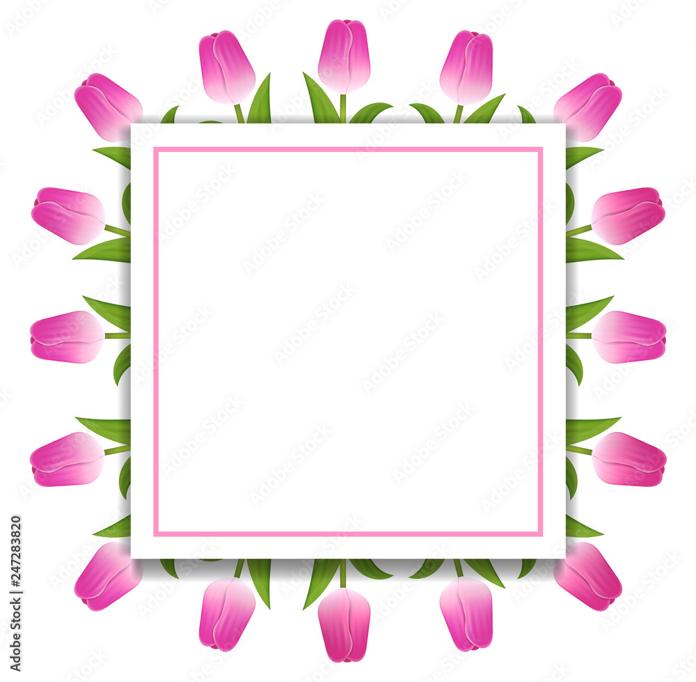 Banner Template Background with Pink Tulips. Square Frame of Tulips with Space for Text. Voucher, wallpaper,flyers, invitation, posters, brochure, coupon discount,greeting card. Vector illustration.