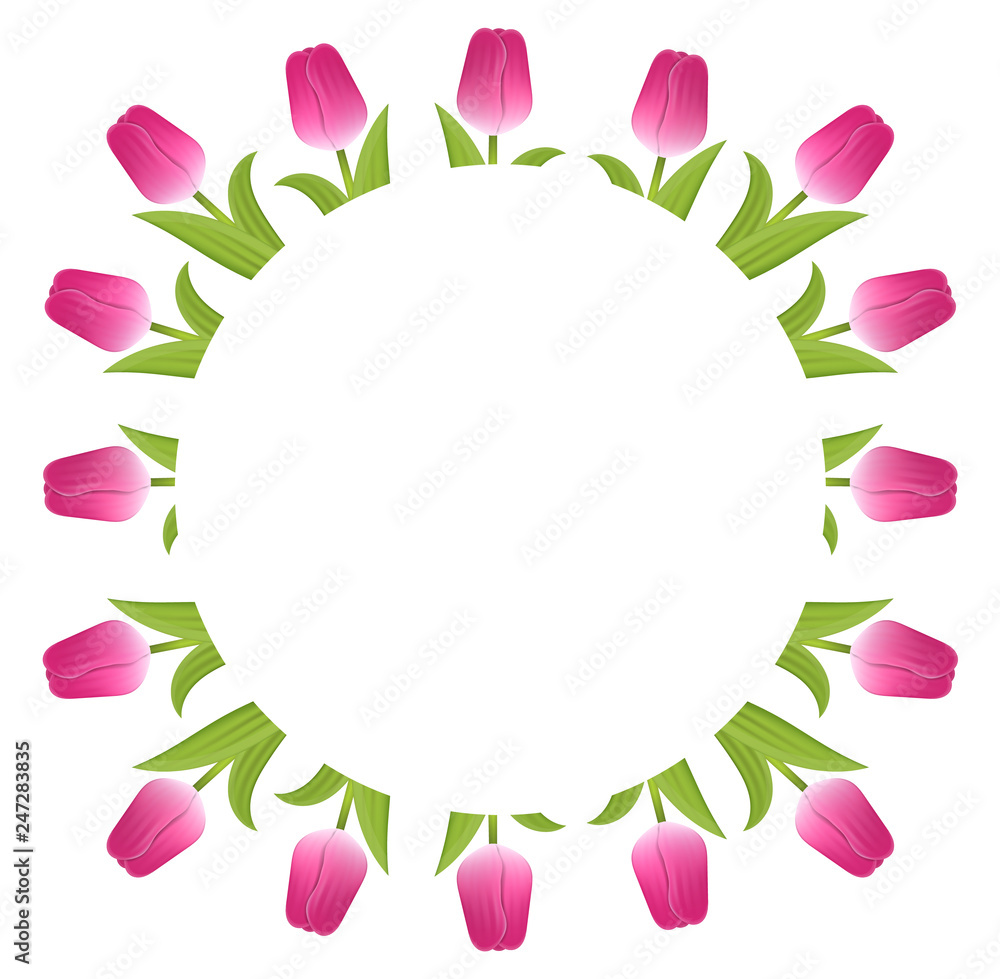 Banner Template Background with Pink Tulips. Square Frame of Tulips with Space for Text. Voucher, wallpaper,flyers, invitation, posters, brochure, coupon discount,greeting card. Vector illustration.