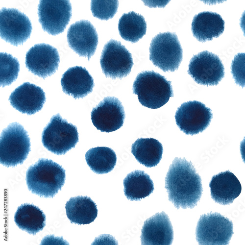 Randomly hand painted indigo blue polka dots. Seamless watercolor pattern photo