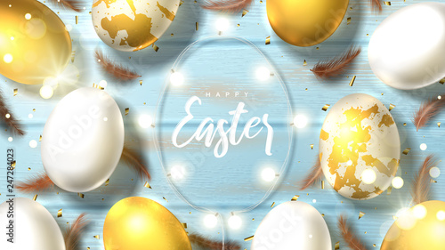 Holiday banner for Happy Easter. Beautiful banner with realistic white and gold Easter eggs, sparkling golden confetti, shining garland and chicken feathers. Festive vector illustration.