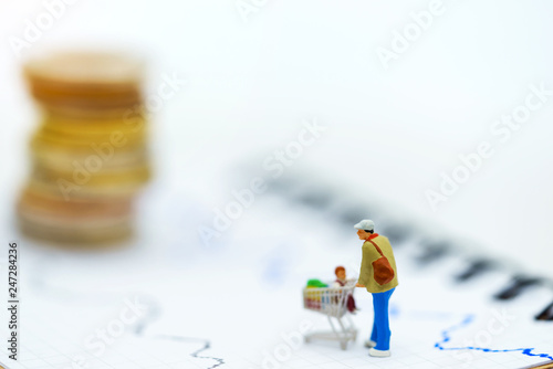 Miniatrue people: Shoppers with shopping cart standing and coins stack. Shopping and business concept. photo