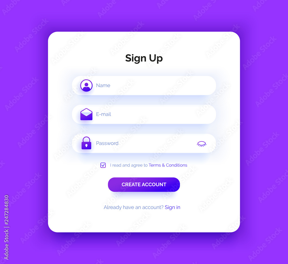 Sign Up page. Purple gradient. Registration form Sign Up page. Purple gradient. Registration form