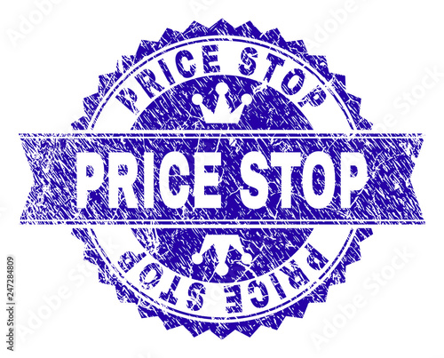 PRICE STOP rosette seal watermark with distress style. Designed with round rosette, ribbon and small crowns. Blue vector rubber watermark of PRICE STOP label with dirty style.