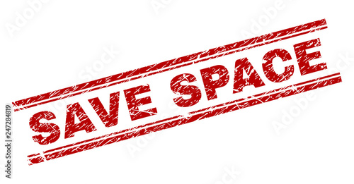 SAVE SPACE seal print with grunge effect. Red vector rubber print of SAVE SPACE label with grunge texture. Text title is placed between double parallel lines.