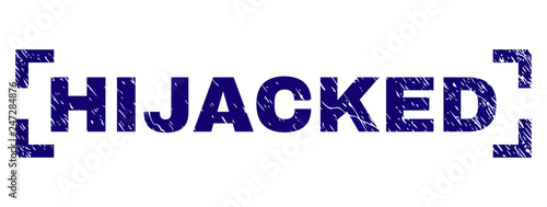 HIJACKED text seal watermark with grunge effect. Text title is placed inside corners. Blue vector rubber print of HIJACKED with grunge texture.