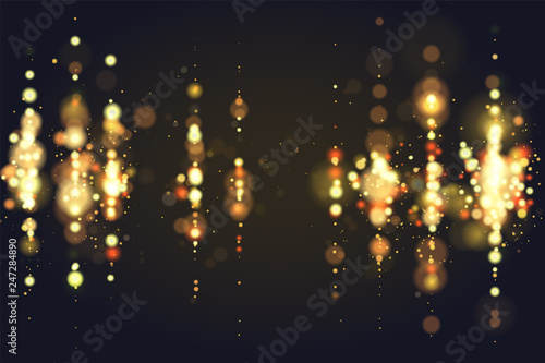 Golden bokeh sparkle glitter lights luxury glamor background. Abstract defocused circular party magic christmas background. Glamorous elegant, shiny, metallic gold background. EPS 10.