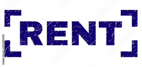 RENT text seal print with grunge texture. Text caption is placed inside corners. Blue vector rubber print of RENT with retro texture.
