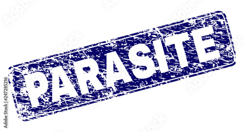 PARASITE stamp seal print with grunge texture. Seal shape is a rounded rectangle with frame. Blue vector rubber print of PARASITE title with scratched texture.